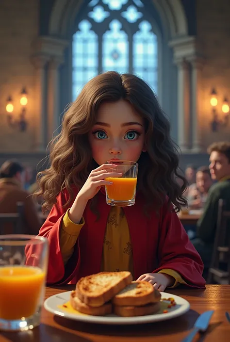 A  girl with dark brown curly hair and blue eyes wearing a Gryffindor robe and having breakfast at Hogwarts 
