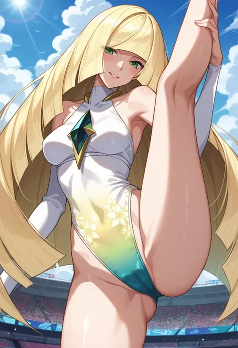 score_9,score_8_up,score_7_up, score_6_up, source_anime, BREAK lusamine_(pokemon), very long hair ,blonde hair ,green eyes, (Gymnastics leotard, Floral print leotard,Long sleeve leotard with glittery embellishments,expensive_Leg leotard,athletic leotard,ti...