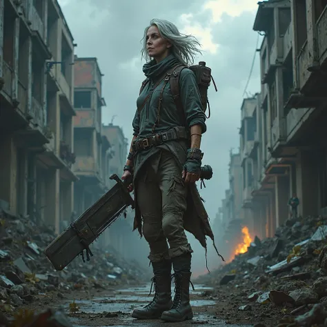 post-apocalyptic scene set in a desolate cityscape, with crumbling buildings, broken streets, and a sky filled with dark, swirling clouds. In the foreground, a strong and weathered mature woman stands tall, wearing rugged survival gear made of patched leat...