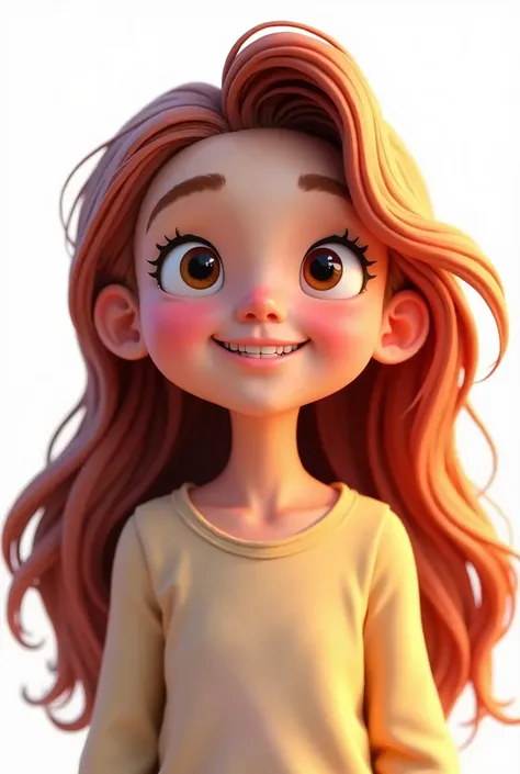 Girl with long flowing hair,cartoon style,Pixar,blend rendering,frontal,smiling,Octane Render,White background,cartoon style，3d Rendering,Blender Renderer