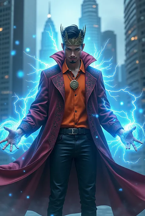 Sado handsome asian man with dr.strange cloak and king crown wearing orange polo shirt black pants layard magenta ID dressed in hokage costume holding a raikiri surrounded by electric blue aura with klcc tower in the background 