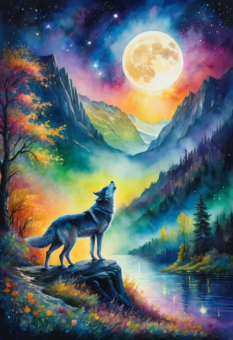 Aurora spreading across the night sky,moon,wolf,landscape,watercolor,Curtain of light,colorful,Rich colors,dream-like,wonderful,Bless,Grains of light,Dark Background,masterpiece,detailed,Magical Effects,Light, Breathtaking imagery, wonderful connection wit...