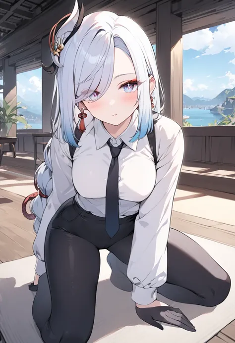 (best quality, masterpiece), 1women ,4k, 8k, uhd, hdr, detailed background,, wearing a white button-up shirt with a black tie, black suspenders over the shirt, black gloves, black pants, , full body,  shenhe, blue eyes, braided ponytail, earrings, eyelashe...