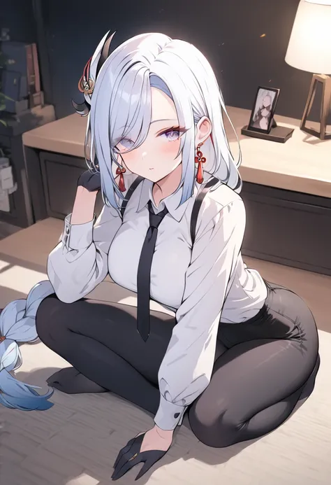 (best quality, masterpiece), 1women ,4k, 8k, uhd, hdr, detailed background,, wearing a white button-up shirt with a black tie, black suspenders over the shirt, black gloves, black pants, , full body,  shenhe, blue eyes, braided ponytail, earrings, eyelashe...