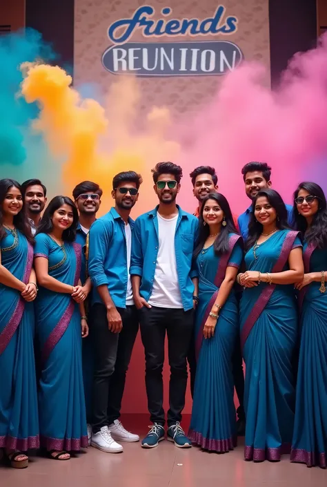 A young indian 10 Men With Casual Blue Open Shirt With White Tshirt And Black Denim Jeans With Sunglasses and Casual Shoes and 10 Young Women With Traditional Blue Banaras Saree With Blouse And Jewels and Sunglasses and They are Stand in the Auditorium wit...