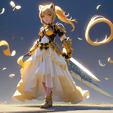 one girl, blonde, yellow eyes, ponytail, animal ears, tail, original costume 2, white long skirt, armor, sword, shield,