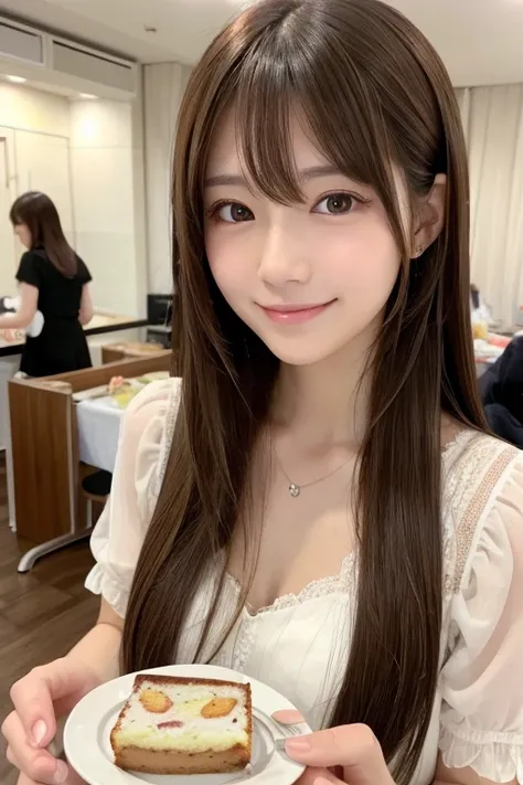 High resolution, Long Hair, bangs, Brown Hair,   2、168cm、　Japanese、Beautiful Face、Model body type、Droopy eyes, 
smile, chest, Eat cake、