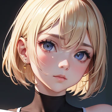 Hyper-realistic anime-inspired portrait of a young blonde woman, face and upper shoulders in view, ultra-detailed close-up, photorealistic skin texture with fine pores and subtle imperfections, large expressive eyes with complex iris patterns and accurate ...