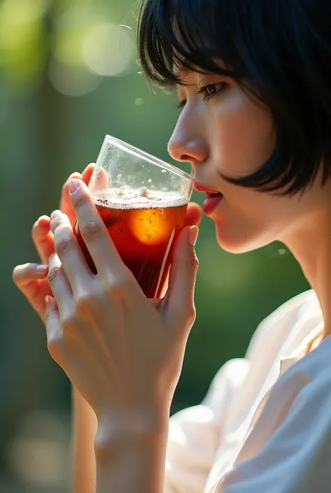 detailed edges, detailed image, perfection style, A detailed and A perfect photo of a side view of a person drinking a glass of soda outdoors, hand focus, cinematic hand, best hand, better hand, awesome hand, different hand, 1girl, solo, shirt, black hair,...