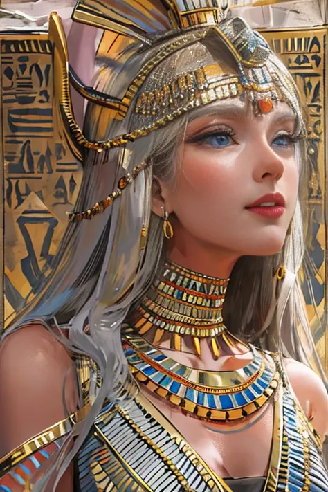 (high resolution, best quality, masterpiece, 8k), ancient egypt, cleopatra style girl, silver blonde middle, pharaoh&#39;s cloth...