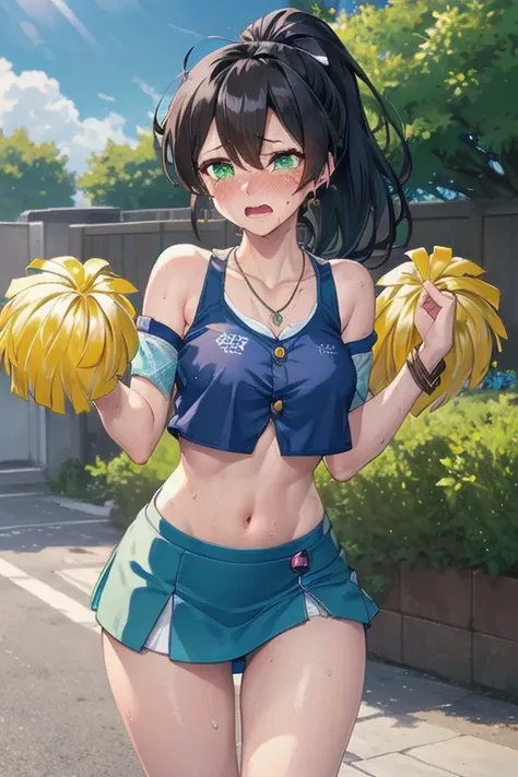 wind horse_local,medium chest,black hair,long hair,ponytail,green eyes,(cheerleader, crop top, ultra mini skirt, bare shoulders)...