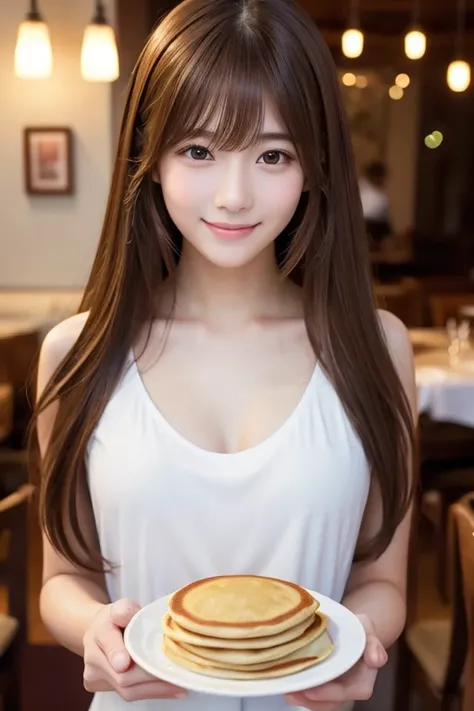 High resolution, Long Hair, bangs, Brown Hair,   2、168cm、　Japanese、Beautiful Face、Model body type、Droopy eyes, 
smile, chest, Pancakes、Eat at the restaurant