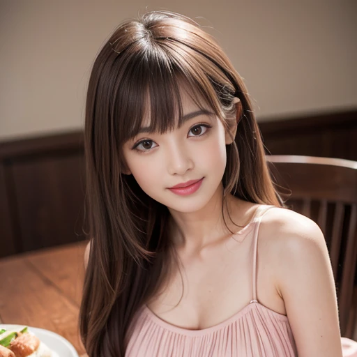 laughing out loud，Pink matte pleated dress，knee shot, (There is a table with food on the chest)，(1 female), light brown hair, blunt bangs, hair behind ears, Shoulder length hair, long hair, Slender body shape, 超face slimming型, face slimming, delicate lips,...