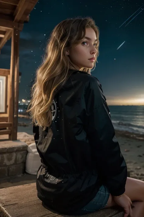 Blonde girl with wavy long hair in a red windbreaker (The jacket has large black circles randomly painted on it). A girl sits with her back on the seashore at night and looks at the sea and the stars. Above it is the starry sky and a close-up of the conste...