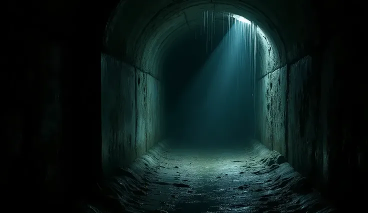 A dark, damp tunnel, with a flashlight illuminating a clue left behind. Water drips echo in the background, and the atmosphere is charged with unsettling suspense.