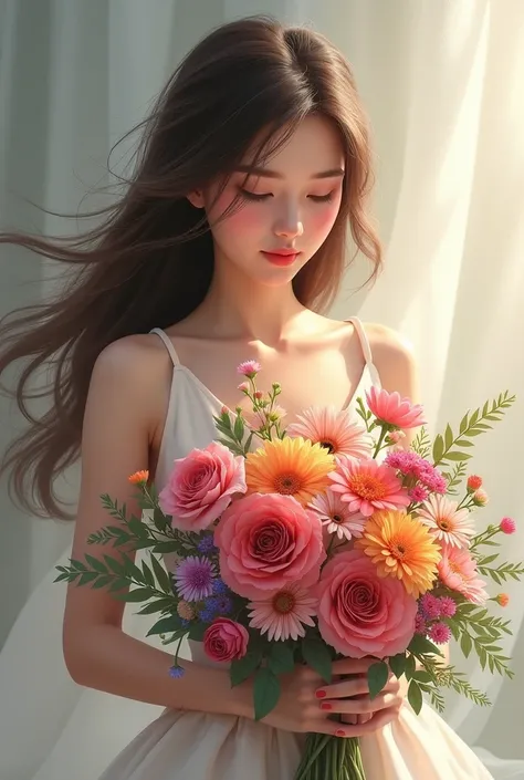 A woman with a bouquet of flowers