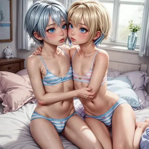 (masterpiece, best quality), 2boys, blonde boy, boy face, boy body, cute boy, femboy, light blue eyes, short hair, messy hair, bangs, pastel rainbow inner hair color mesh, cute face, blue and white striped bra, (no breast), bare arms, bare chest, bare tumm...