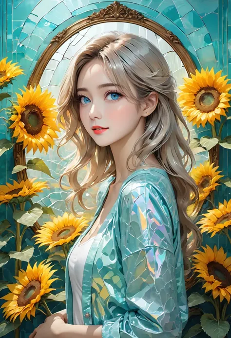 fusion of watercolor and acrylic paintings, BREAK portrait, a big sunflower and a beautiful woman, light color glossy silky hair, captivating eyes, amorous and lewd expression, perfect proportions, BREAK everything is made by Tiffany, the room, the full-le...