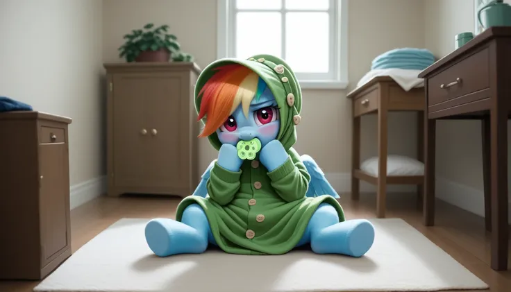 blue pony pegasus alone, blue fur all over the body, Rainbow Dash, adult mare, rainbow mane, gathered in a green bonnet, rainbow tail, cherry eyes, sits in the room on a soft play mat, dressed in a green onesie with holes for two wings, green pacifier in m...