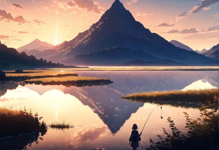 A serene landscape at sunset, featuring a young 1girl walking on the surface of a calm lake. She holds a fishing rod in one hand as the sky is painted with warm golden hues from the setting sun. The reflection of the girl and the sky are mirrored perfectly...