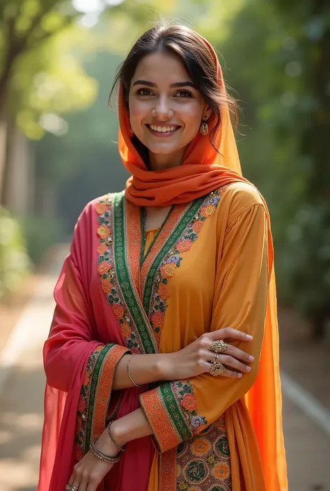 A beautiful muslim girl wearing hijab with Pakistani suit and dimple on her chiks with smiling face full body 


