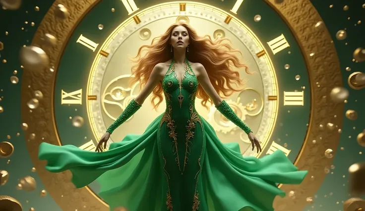 Goddess of Time and Precision
Pose: Hovering elegantly above a giant glowing watch face with clock hands spinning around her.
Clothes: Sleek green dress with shimmering gold and silver clockwork patterns.
Details: golden Hair flows like metallic strands of...