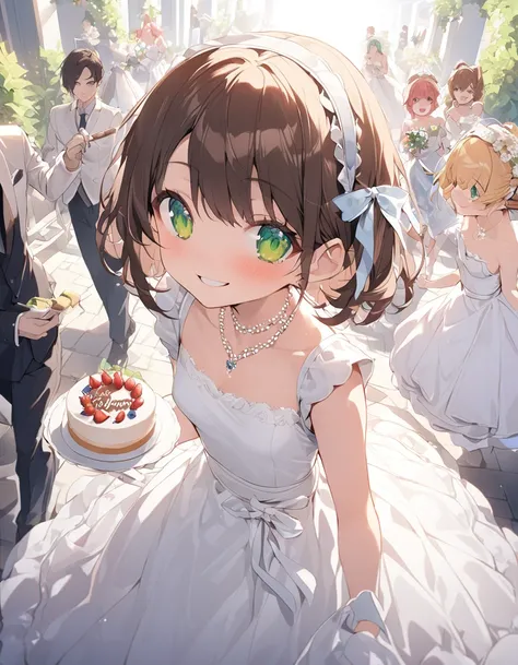 ((masterpiece、Best Quality)) cute、Princess、young、Green Eyes、Brown Hair、Medium Hairstyles、Big ribbon、smile、be happy、Red cheeks、Idol、Uniform、belly button、Maid、Small breasts、Embarrassing、necklace、wedding、Wedding Dresses、Costume、Sunflower、Cake cutting、Aisle Ro...