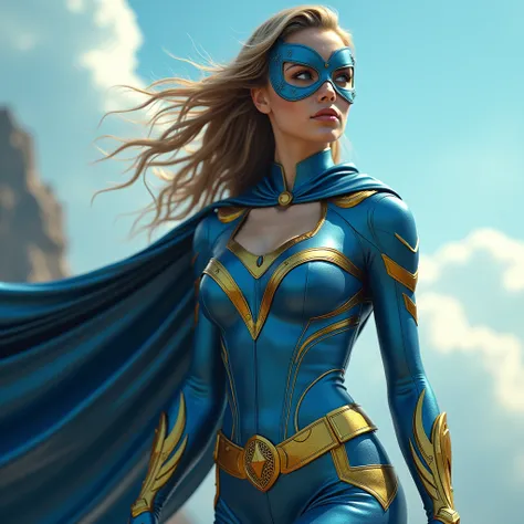 A young and very beautiful female superhero、Tight and erotic bodysuit、mask、Cape、Metallic sky blue color scheme with metallic yellow accents、Exquisitely detailed costume、Dynamic Superhero Poses、Cinematic lighting、Photorealistic、high quality、8k、Super detaile...