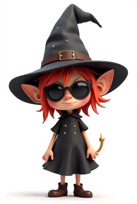 image of a mischievous little witch with a hat and sunglasses, On white background
