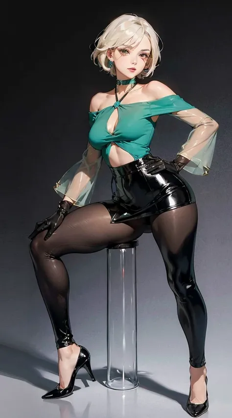 Short brown hair with two strands of white hair, brown eyes, Violet eyeliner,  Spiked chokers, green transparent top with long green sleeves, latex top, latex skirt, black leggings, leather gloves,  leather pumps