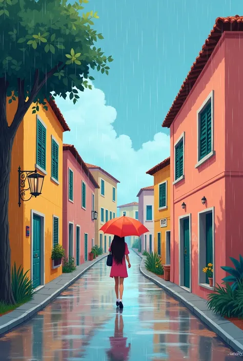 Cute illustration: landscape,Street corner on a rainy day,A landscape like something out of a picture book,Emotional,Girl is walking,break,(Girl with an umbrella),umbrella,Anatomically correct,break,Create an artistic background,Add a drop pattern to the b...