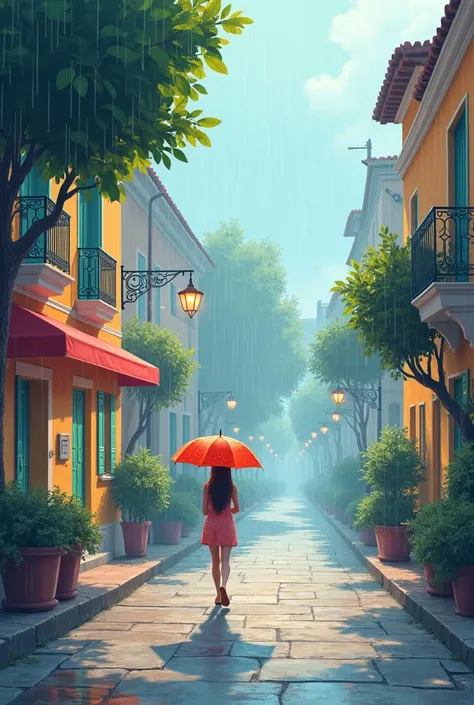 Cute illustration: landscape,Street corner on a rainy day,A landscape like something out of a picture book,Emotional,Girl is walking,break,(Girl with an umbrella),umbrella,Anatomically correct,break,Create an artistic background,Add a drop pattern to the b...