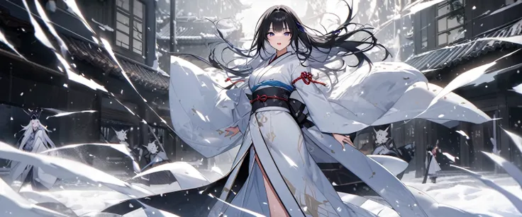 yuki-onna standing in a snowstorm、snow is a white particle effect.、yuki-onna is a japanese monster、long black hair、a beautiful w...