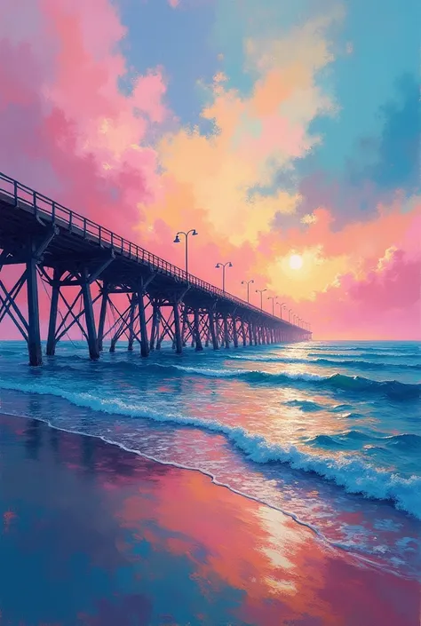 Envision an abstract portrayal of a summer pier where the boundaries between sea and sky blur into an ethereal symphony of colors. In this piece, broad, sweeping strokes of cerulean and sapphire cascade over the canvas, symbolizing the expansive ocean exte...