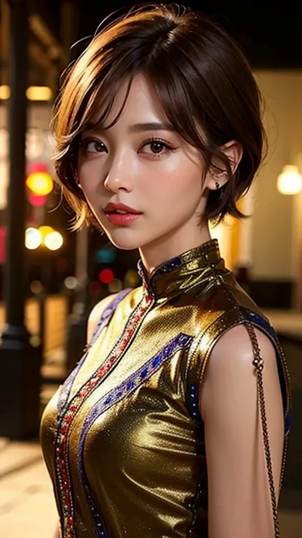 ((Best Quality)), ((masterpiece)), (detailed), One girl, Real Beauty、Real Asian Beauty、Brown Hair、Short Hair、Bold eyeliner、Smart Photon、Night view