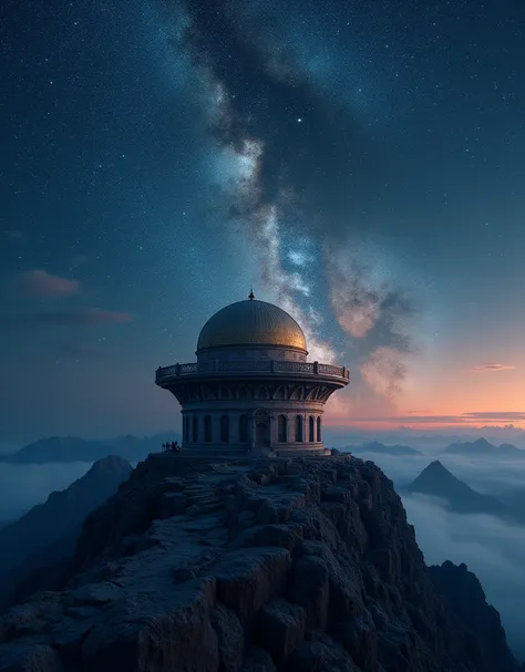 Perched atop a solitary mountain peak, its silhouette a stark silhouette against the backdrop of a star-studded sky, stands an ancient observatory, a testament to humanitys enduring fascination with the cosmos.  Built of rough-hewn stone, its circular stru...