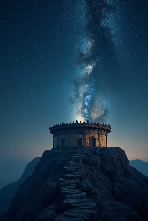 Perched atop a solitary mountain peak, its silhouette a stark silhouette against the backdrop of a star-studded sky, stands an ancient observatory, a testament to humanitys enduring fascination with the cosmos.  Built of rough-hewn stone, its circular stru...