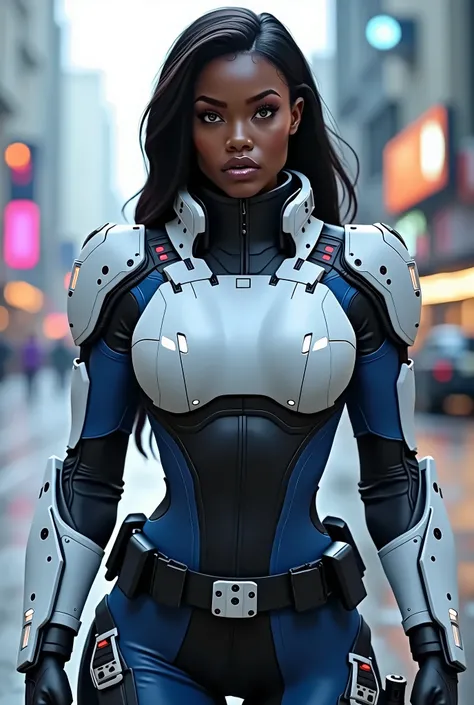 Black woman, muscular, Futuristic police suit in white, blue and black. 