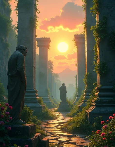 The sun dips below the horizon, painting the sky in hues of orange and violet, illuminating the skeletal remains of a forgotten city.  Towering stone pillars, etched with the whispers of time, reach for the heavens, their once pristine surfaces now a tapes...