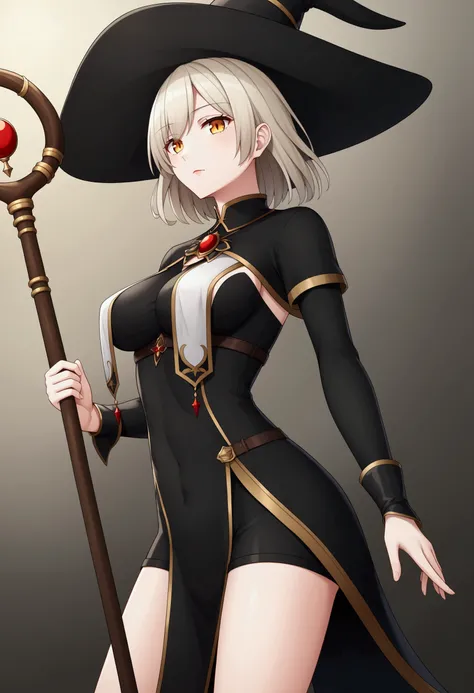 ((masterpiece)), (best quality), illustration, anime detailed, 1girl, solo, pale skin, platinum blonde hair, medium hair, amber eyes, medium breasts, black tunic, breast curtain, long sleeves, black shorts, wrist guards, witch hat, vampire, staff