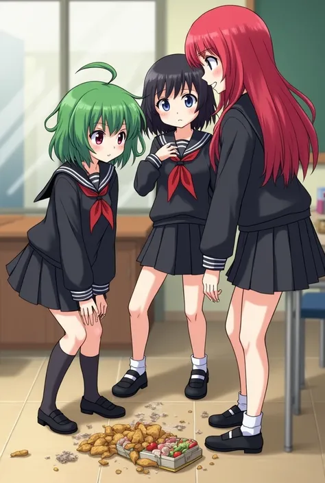 Group of three students。One person is、With loose, messy green hair、With a stray hair and bright purple eyes、She is a short-haired petite girl wearing a black sailor uniform.。The second had long, straight, bright red hair and blue eyes.、A tall girl in a bla...