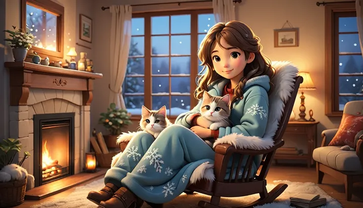 ((estilos de dibujo Lo-Fi:1.5)), A heartwarming, photorealistic illustration of a young woman in an anime style sitting in her rocking chair peacefully in her cozy home next to her cozy fireplace fire, snuggled up with her adorable fluffy cat. The room is ...