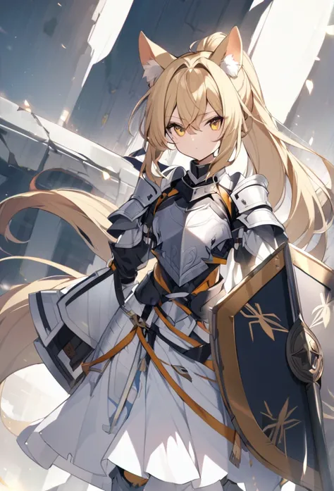 One girl, Blonde, Yellow Eyes, ponytail, Animal ears, Tail, Original Costume 2, White long skirt, armor, sword, shield,