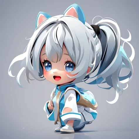 chibi, flat color, alone, whole body, cute, (best quality), blue eyes, long hair, gray hair, white clothes, side ponytail, a big...