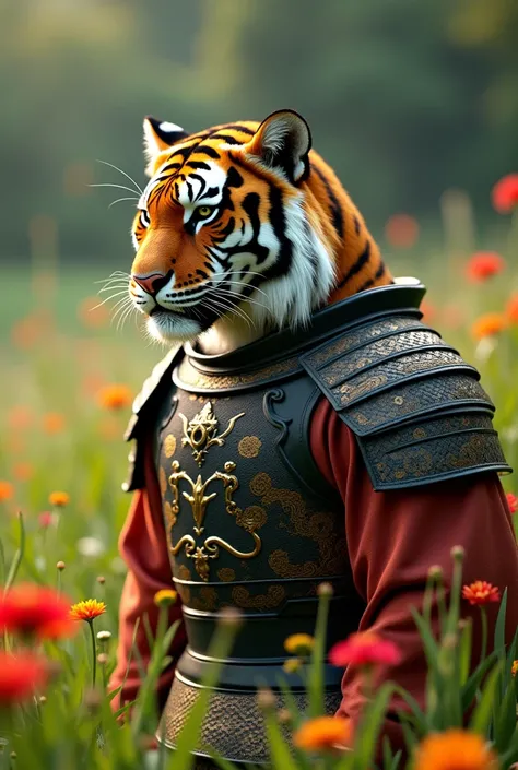 a majestic tiger warrior, calm expression, standing in a field of flowers, traditional Chinese armor, realistic style, soft lighting, 1 tiger person, detailed facial features, intricate armor, lush green field, vibrant flowers, natural warm lighting, (best...