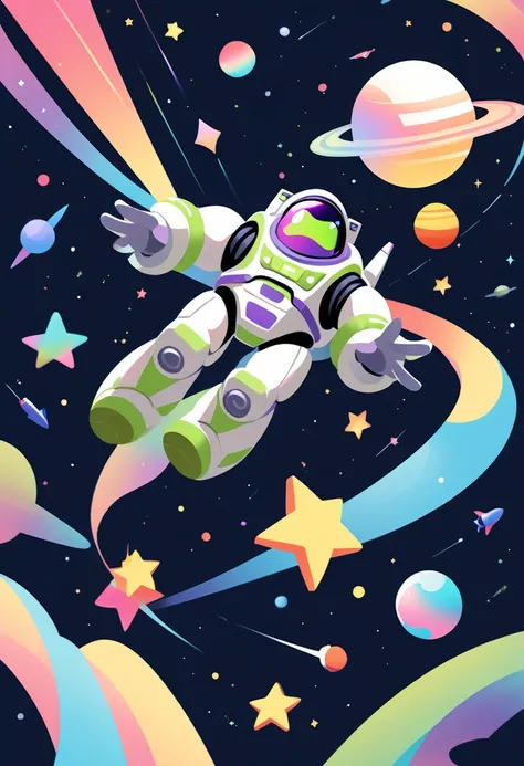 Vector illustration:vector illustration,Buzz Lightyear traveling through space,POP outer space background,rocket,stars and planets,cartoon,Highest quality,masterpiece, Adobe Illustrator,draw with thick lines,,cute,pop,,Cast colorful spells,Nice background ...