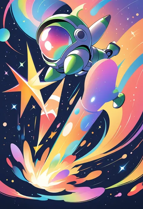 Vector illustration:vector illustration,Buzz Lightyear traveling through space,POP outer space background,rocket,stars and planets,cartoon,Highest quality,masterpiece, Adobe Illustrator,draw with thick lines,,cute,pop,,Cast colorful spells,Nice background ...