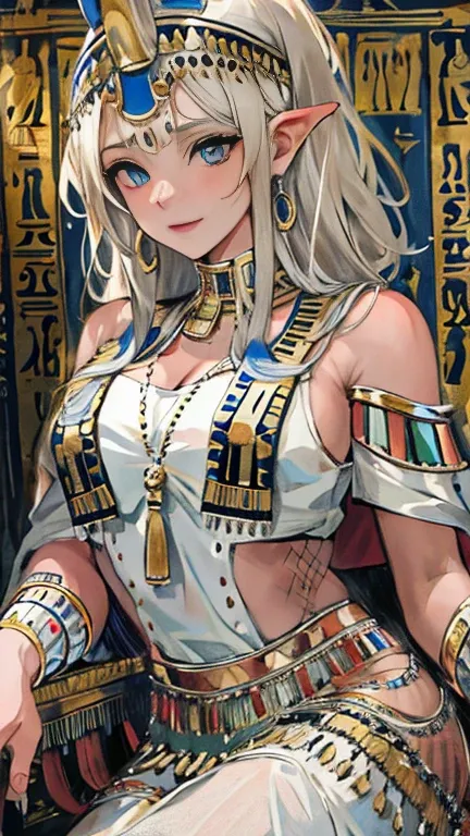 (high resolution, best quality, masterpiece, 8k), ancient egypt, cleopatra style girl, silver blonde middle, pharaoh&#39;s cloth...