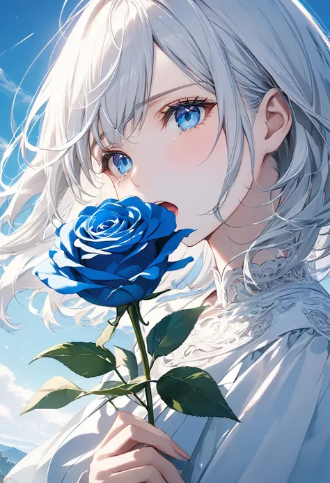 anime、((Amazingly absurd)),(masterpiece:1.2),超High resolution, Attention to detail, high quality, High resolution, 最high quality, 4K, 8k、Woman holding a rose,One Blue Rose,White and blue theme,Woman close up,White Hair,Medium Hair,Blowing in the Wind,White...