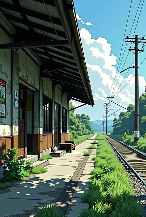 Summer, Japanese countryside, station from the early Showa era, old and broken in places, tracks, angle looking up slightly at the sky on the side of the tracks from the station platform, overgrown with grass, deserted, old poster